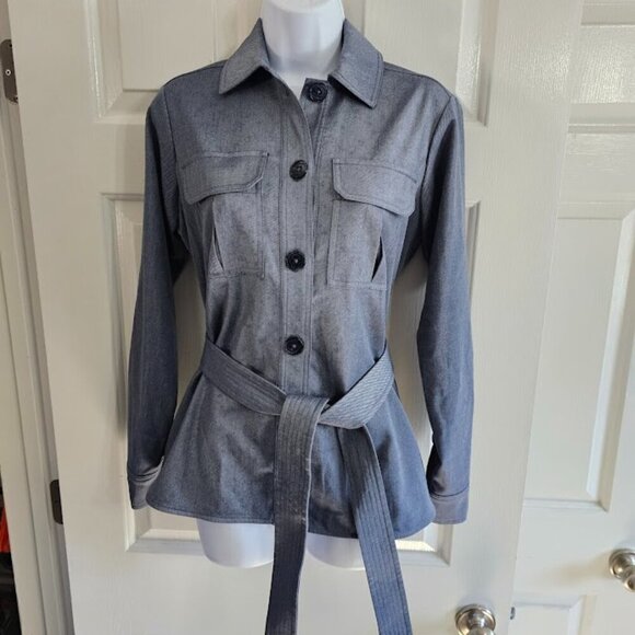 DKNY Blue Chambray Belted Utility Jacket Size 2 Preppy 90s Minimalist Office - Picture 2 of 9